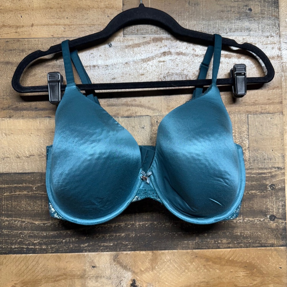 Victoria Secret Teal Satin Lace Lined Perfect Coverage Bra 36DDD